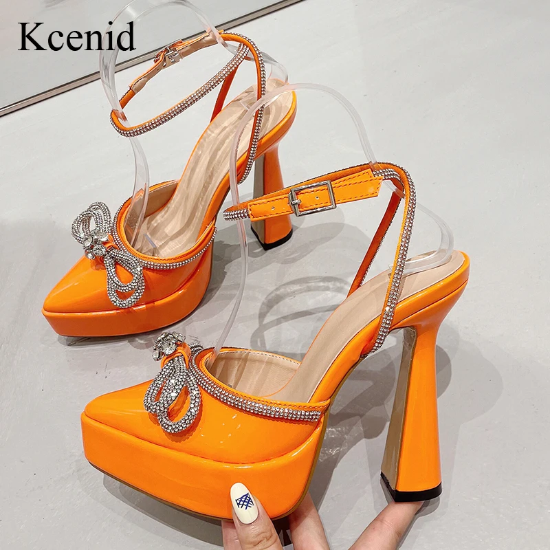 

Kcenid New Fashion Rhinestone Bowtie Sandals Women Spring Summer Pointed Toe Platform Dress Party Wedding Shoes Big Size 35-42