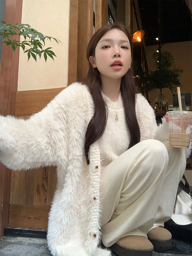 

Winter Mink Cashmere Knitted Women Cardigan Sweater Coat Jacket with Vest Single Breasted Fluffy Warm Outerwears 2023