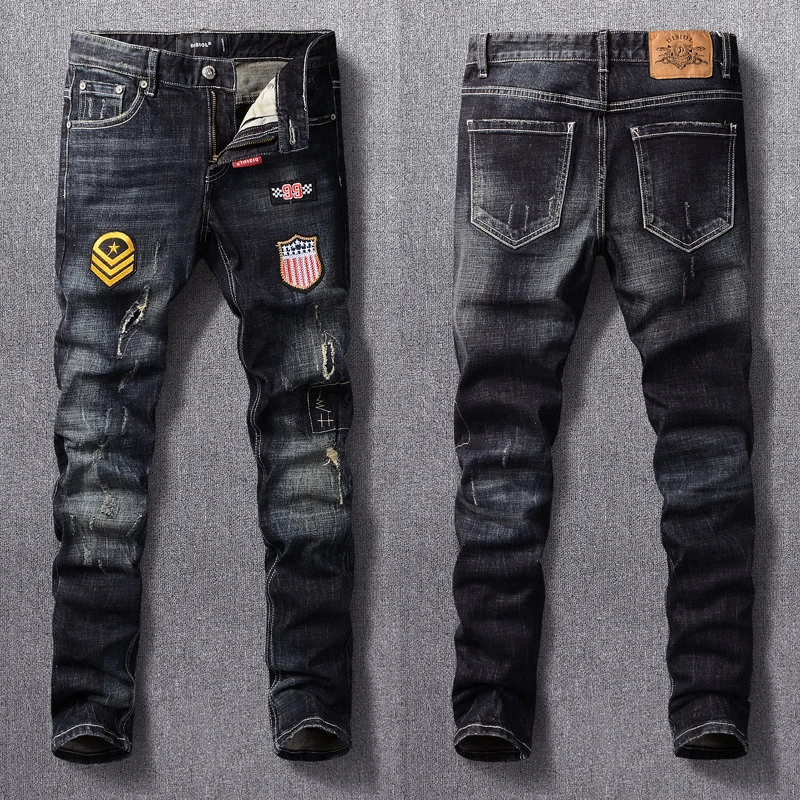 Streetwear Fashion Men Jeans Retro Black Blue Elastic Slim Fit Ripped Jeans Men Patches Designer Hip Hop Denim Pants Hombre summer blue black ripped jeans men fashion casual wide leg jeans mens streetwear loose hip hop straight hole denim pants men