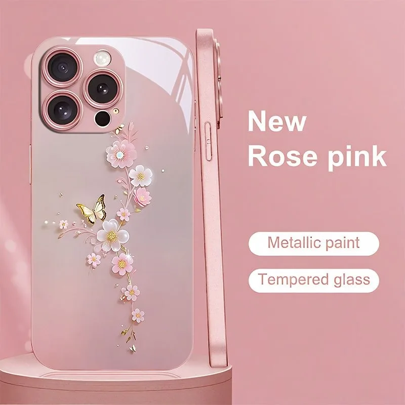 Luxury Butterfly Flower Metallic Tempered Glass Phone Case Cover