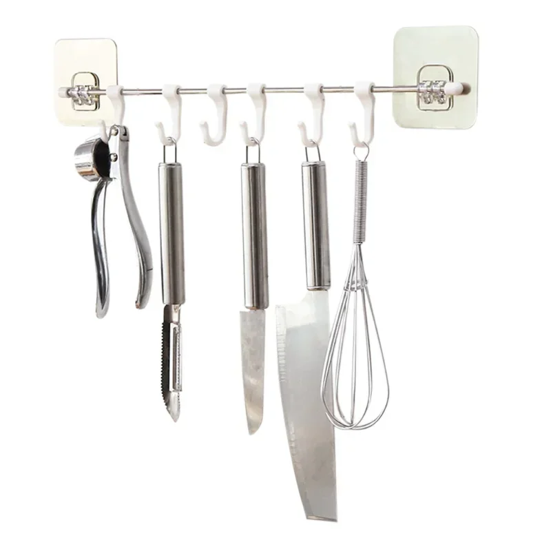 Stainless Steel Wall Hanging Rod 6 Hook Self-adhesive Wall Rack Bathroom Kitchen Rack Storage Free Punching and Strong Suction kitchen storage rack kitchen organizer wall mounted hook rack