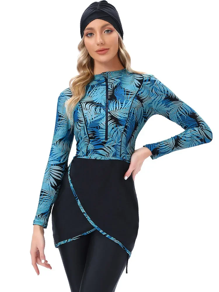 3 Pcs/Set Muslim Swimwear Women's Printed Solid Color Patchwork Hijab Long Sleeve Sports Islamic Burkini Wearing Swimwear