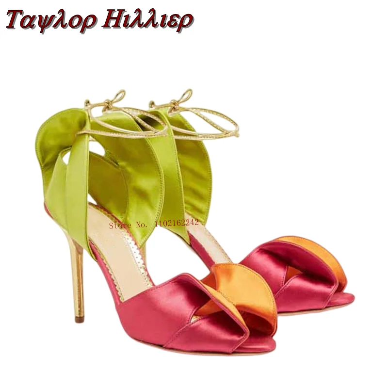 

2023 New Mixed-Color Satin Stiletto High-Heeled Shoes Simple Open-Toe Lace-Up Sandals Fashion Temperament Casual Women'S Shoes