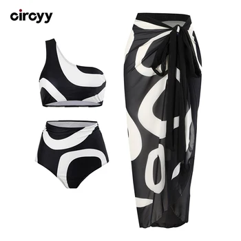 Circyy One-Shoulder Swimsuit Women Split Swimsuit Contrast Color Print Chiffon Cover-Ups Wrap Skirt Summer 2025 New Bikini Set