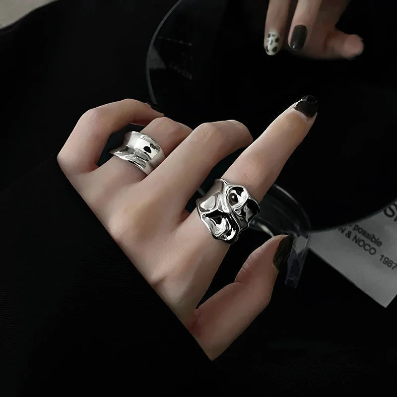 2025 Fashion Style Women's silver stainless steel unusual metal geometric opening ring, 2 pieces._voghion.com
