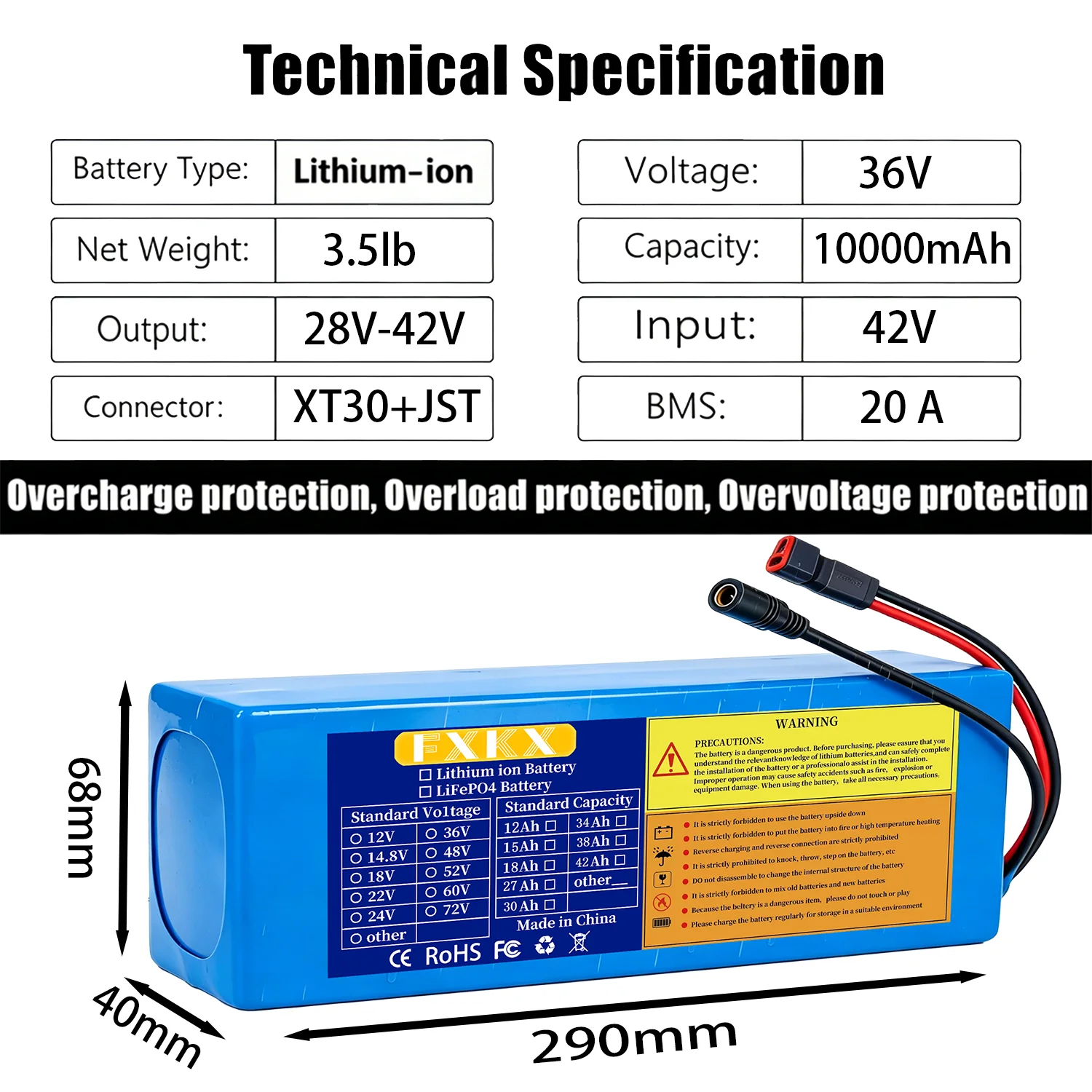 36V 전기 스쿠터 배터리 10S3P 10Ah 18650 등급-A 셀 500W-1000W 내장형 BMS XT60 JST 장거리 안전하고 내구성이 뛰어남