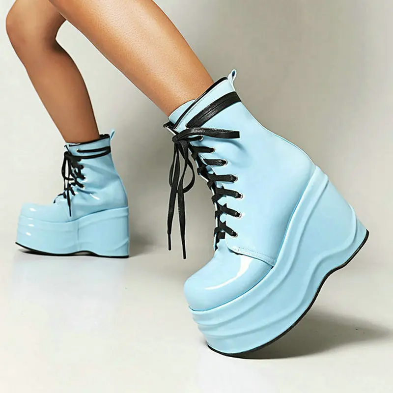 

Platform Square High Heel Women Ankle Boots Patent PU Leather Round Toe Cross Tied Ladies Short Boots Green Blue Black Big Size