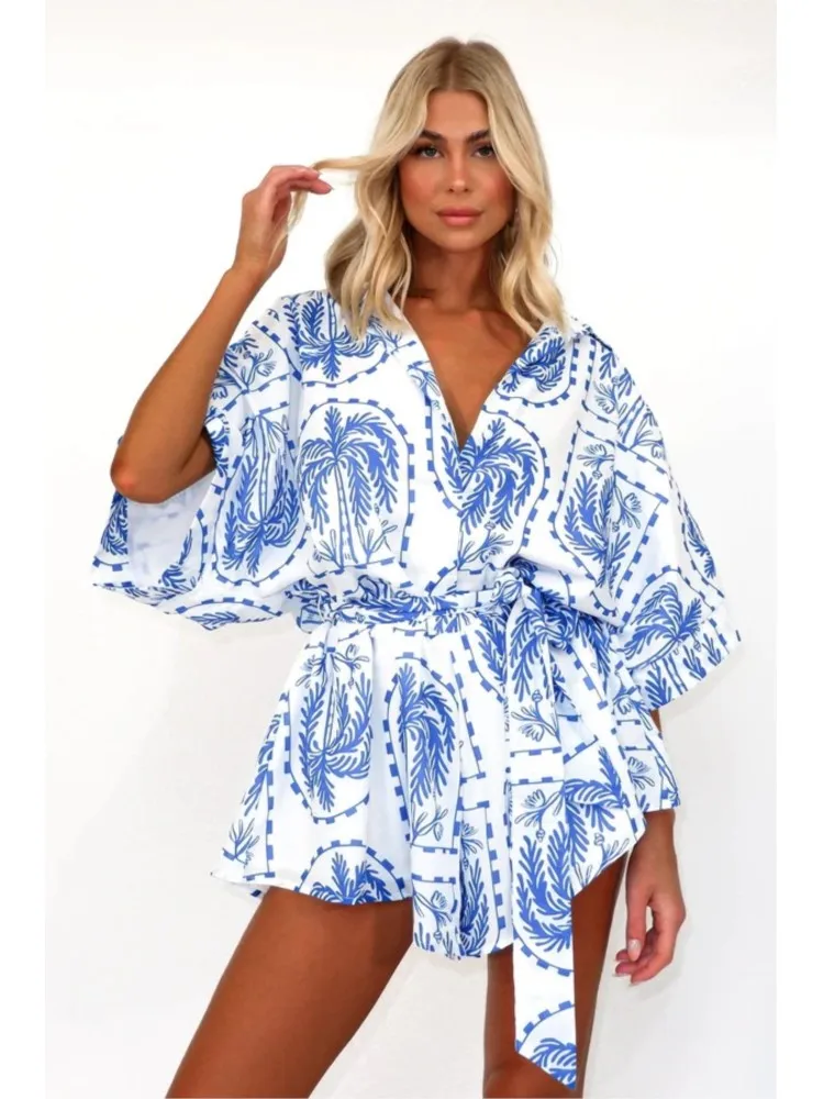 

Fashion Print Jumpsuits Shorts Summer Women V-neck Casual Beach High Waist Leace-up Bodysuits Streetwear Bodysuit One Pieces