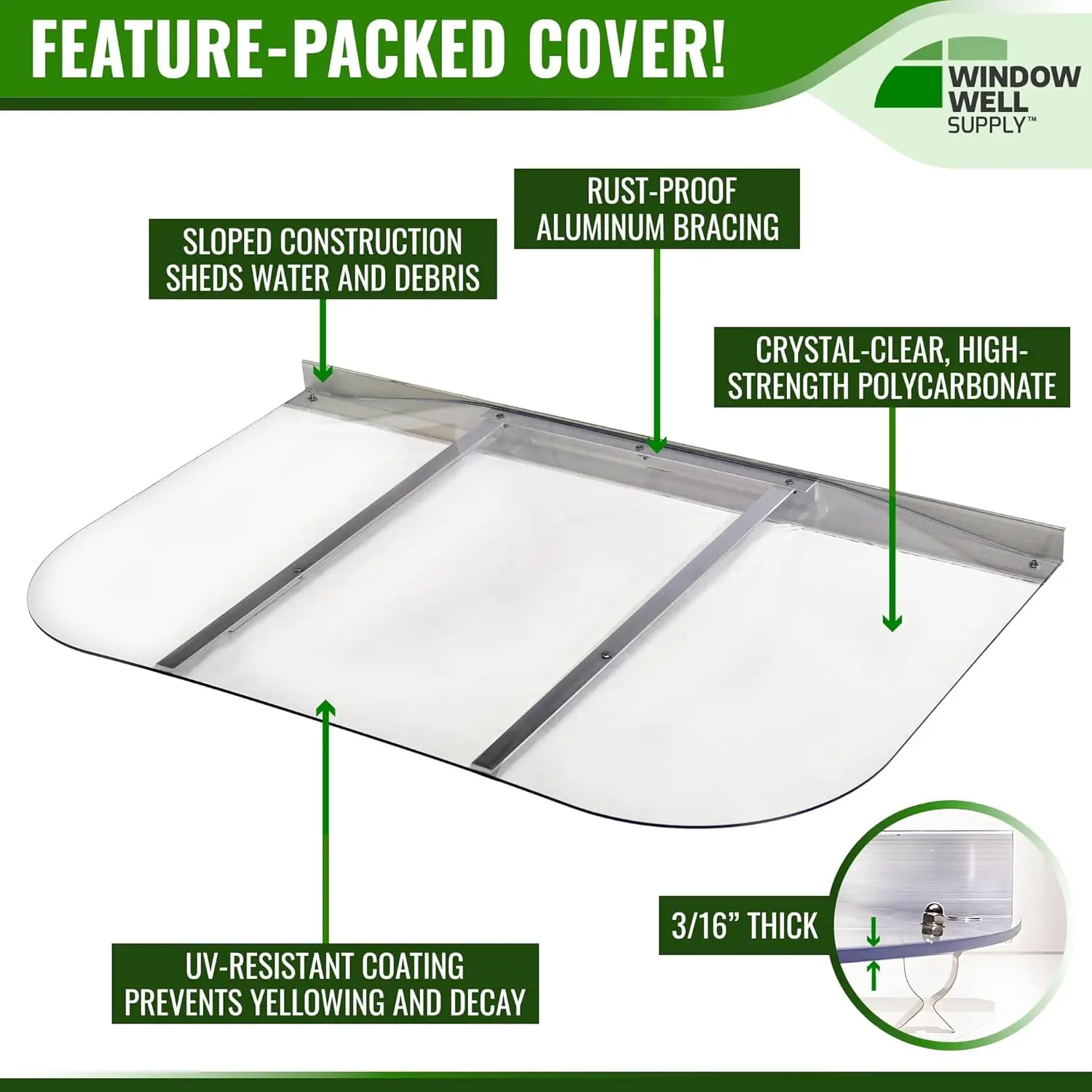 Polycarbonate Egress Window Well Cover, Sloped, UV Resistant Heavy Duty Basement Window Well Cover, Crystal-Clear Protection (46