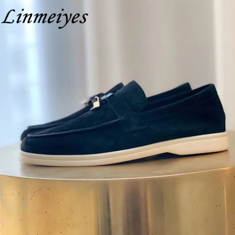 

New Loafers Shoes Woman Kid Suede Metal Decoration Flat Shoes Female Round Toe Slip-on Shoes Summer Casual Shoes Women
