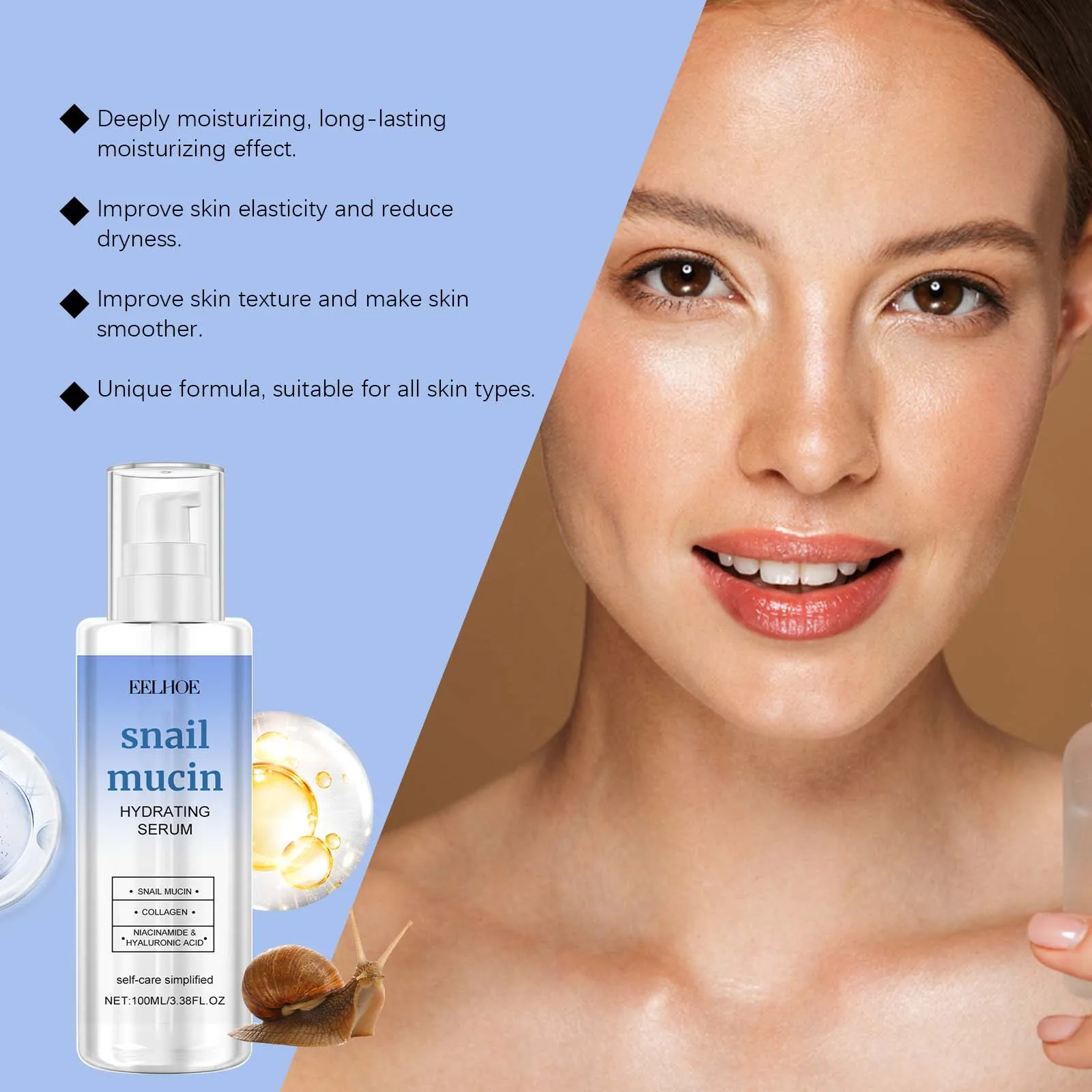 EELHOE Snail Mucin Serum Rejuvenating Shrinking Pore Firm Lift Improve Sagging Moisturize Brightening Skin Face Care Cream 100ml 5