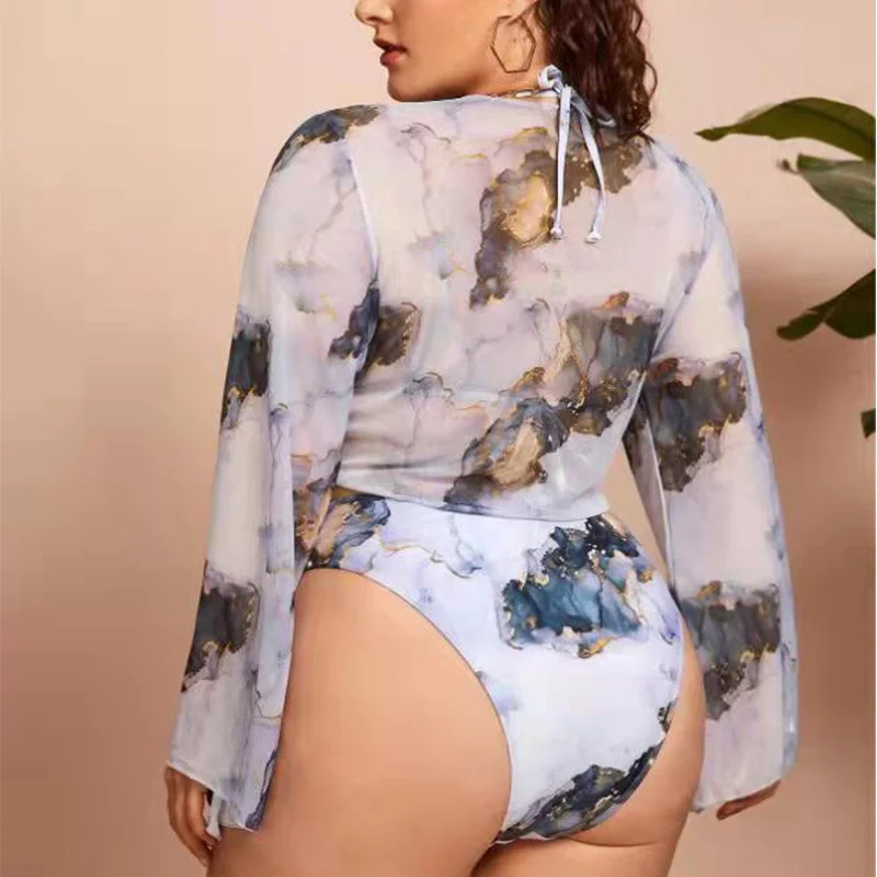2023 Printed Bikini Set Cover Up Fat Lady Large Size 4XL Beach Swimsuit For Women Gathering Long Sleeve Three Pieces Swimwear