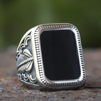 Handmade Signet Ring For Men Ancient Silver Color Black Onyx Stone