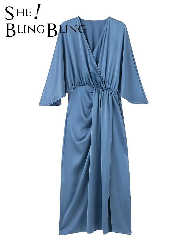 TRAF FANS 2022 Autumn Blue Solid Long Sleeve V Neck Pullover Dress
