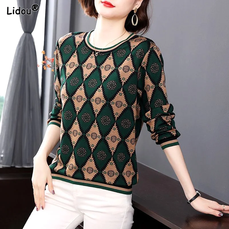

Comfortable T-Shirts Tops Lattice Loose Round Neck Pullovers Printing Patchwork Women's Clothing Office Lady Autumn Winter Thin