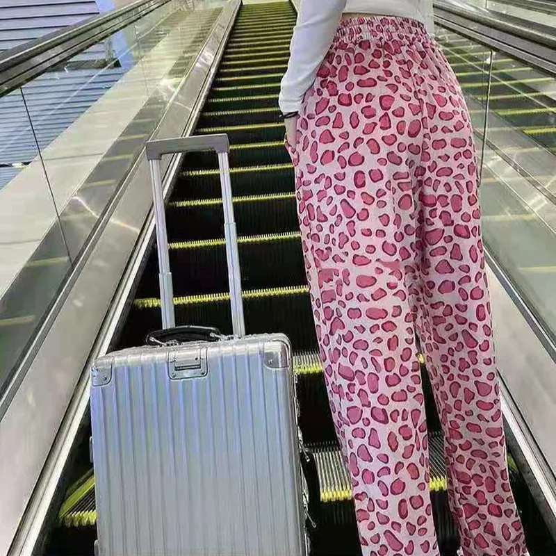 New Full Length Loose Design Fall BF Trendy College Straight Trousers 2024 Women Casual  Pink Leopard Pants Streetwear Ulzzang