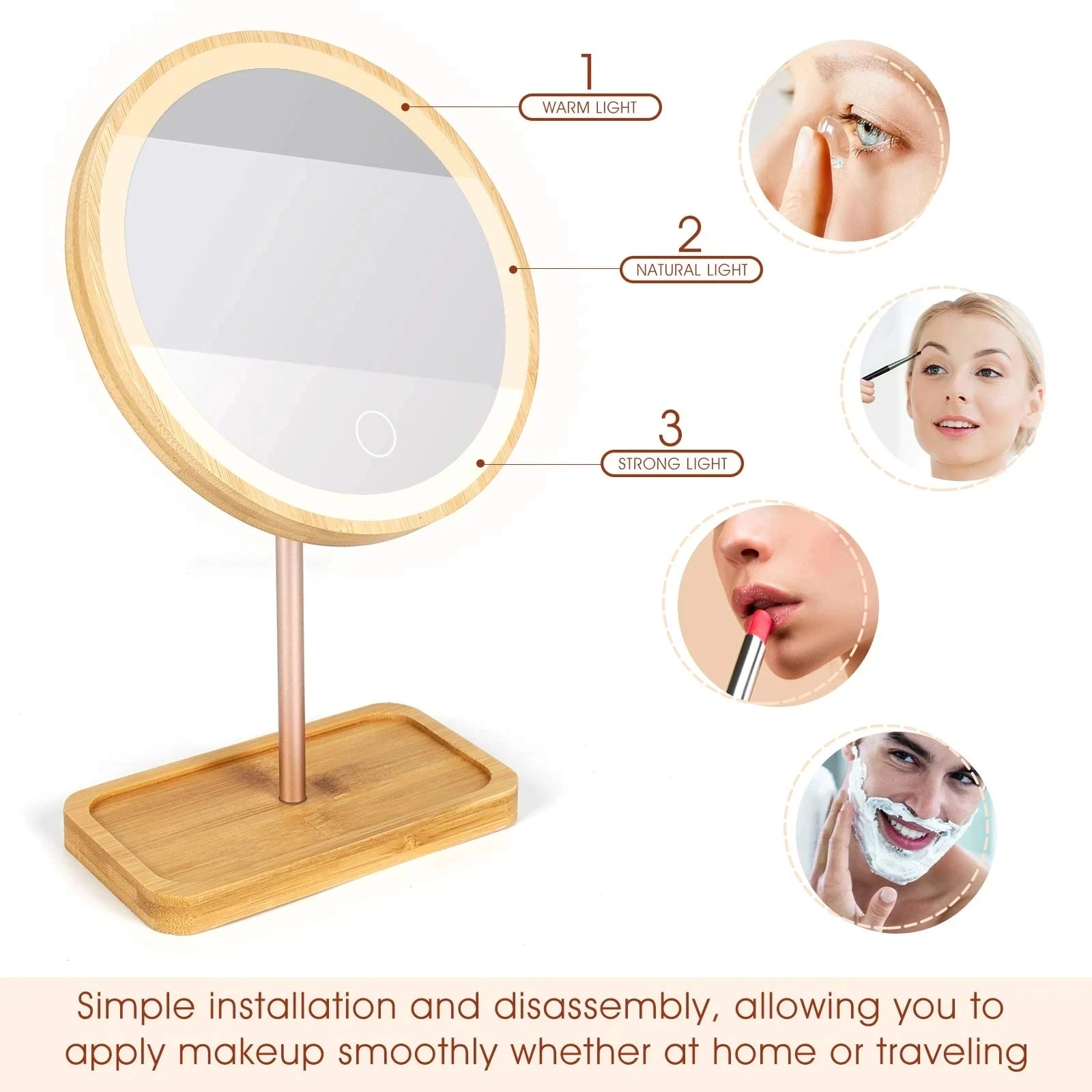 

Wooden LED Makeup Mirror With Light USB Charging Adjustable Daylight Desktop Lamp Touch Dimmer Table Cosmetic Mirror