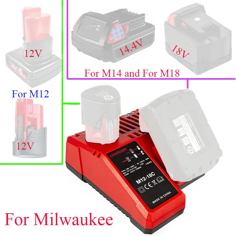 밀워키 리튬 이온 배터리 충전기, M18, M12, 10.8V, 12V, 14.4V, 18V, C1418C, 48-11-1815, M18BX, M14 리튬 배터리용