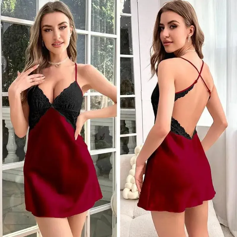 

Summer Nightgown Women Ice Silk Home Dress Sexy Sleepwear Gown Lace Nightwear Lingerie Spaghetti Strap Nightdress Loungewear