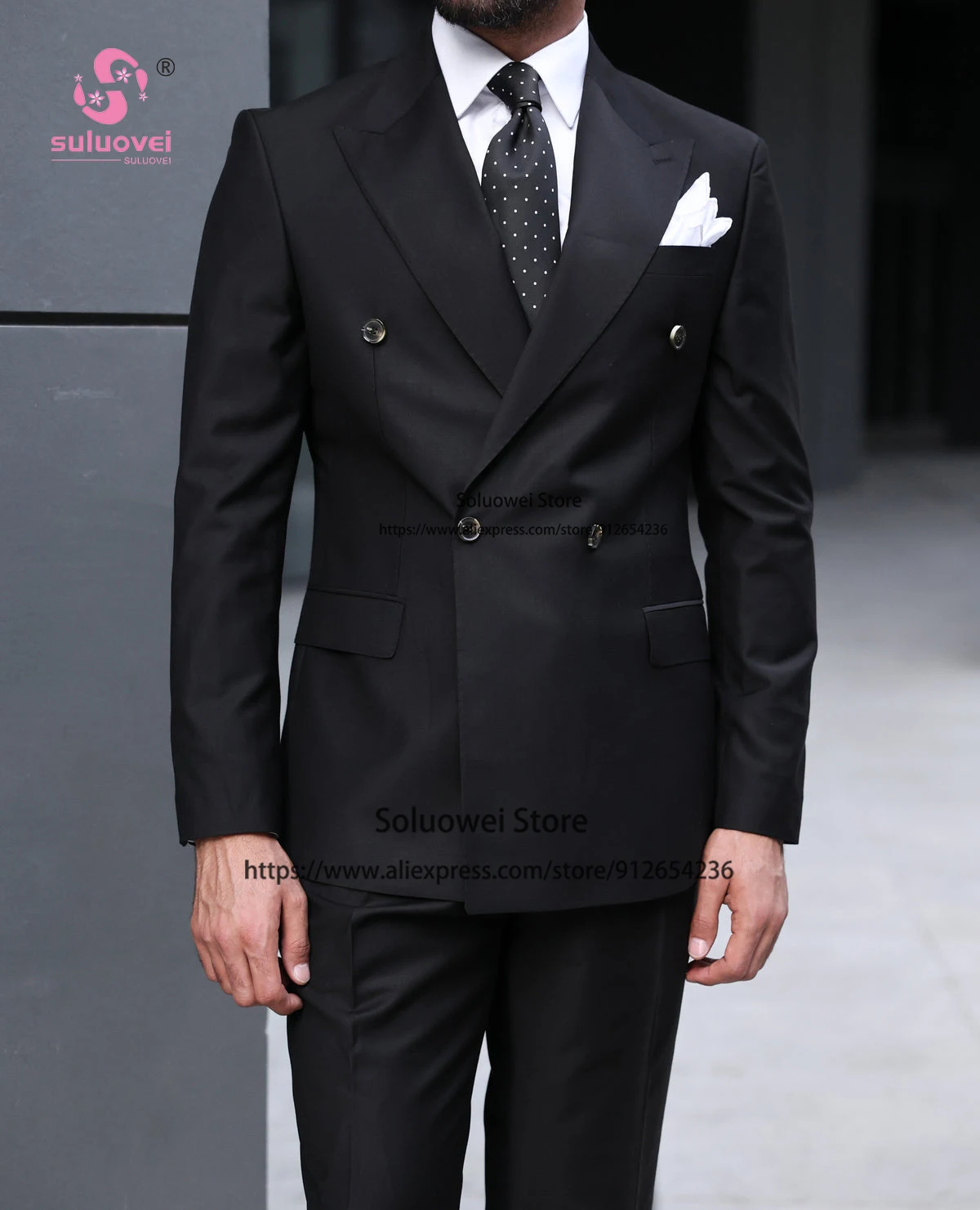 Fashion Black Double Breasted Suits For Men Slim Fit 2 Piece Pants Set Formal Groom Wedding Peaked Lapel Tuxedo Blazer Masculino