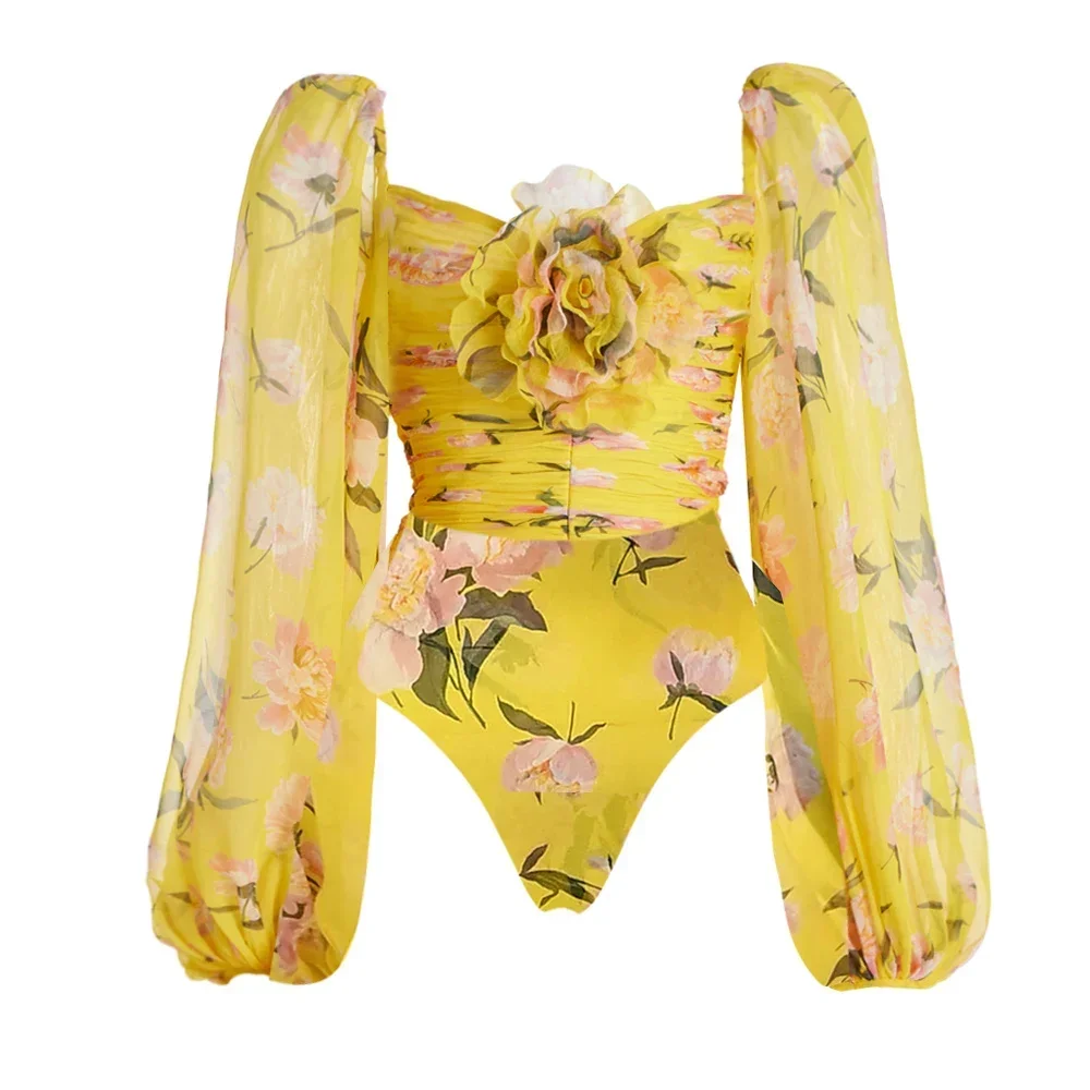 ワンピース HUECLOSET Eve Flower Big Puff Flower Long One Piece 2025 Sexy 3D Flower Shirring Printed Chiffon Long Sleeves