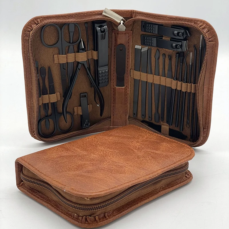 25 IN 1 매니큐어 세트 색상 대비 세트 손톱깎이 커터 도구 키트 남자 여자를위한 스테인레스 스틸 페디큐어 여행 케이스