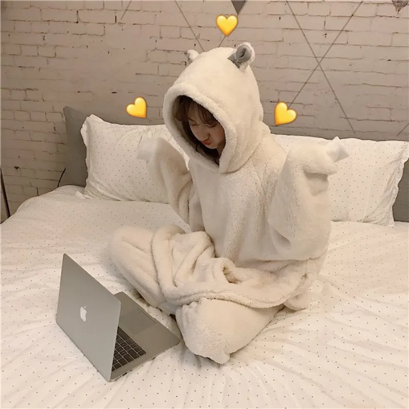 

Hooded Pajamas Set for Women 2 Pieces Fleece Sleepwear Korean Suit Fashion Winter Piiama Pocket Night Wears Solid Cute Pyjamas