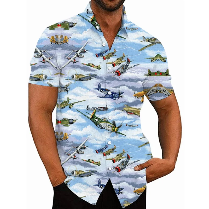 thumbnail image 1 of Camisas hawaianas con estampado 3D de avión de combate para hombre, camisas casuales de manga corta con botones, camisetas de hip hop para hombre, ropa de calle, 1 of 5
