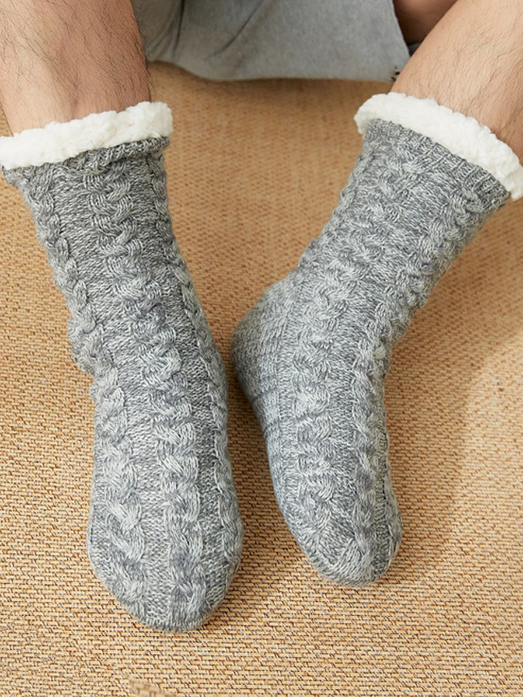 Fleece Thermal Non-slip Socks Winter Thick Warm Men Fashion Casual Indoor New Knitted Acrylic Crew Antiskid Floor 1 Pair