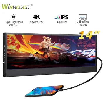 Wisecoco 휴대용 모니터, 14 인치 4K UHD 3840x1100, IPS LCD 터치 스크린 바 모니터, PC 컴퓨터 케이스 GPU Aida64 용 보조 화면