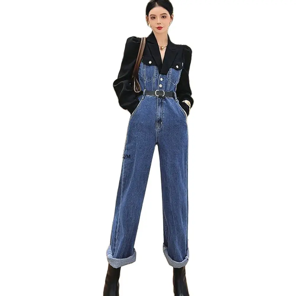 Fashion Splice Denim Jumpsuit Women Streetwear Hip Hop Slim Long Sleeve  Belt One Piece Jeans Wide Leg Overalls Rompers Set 2819