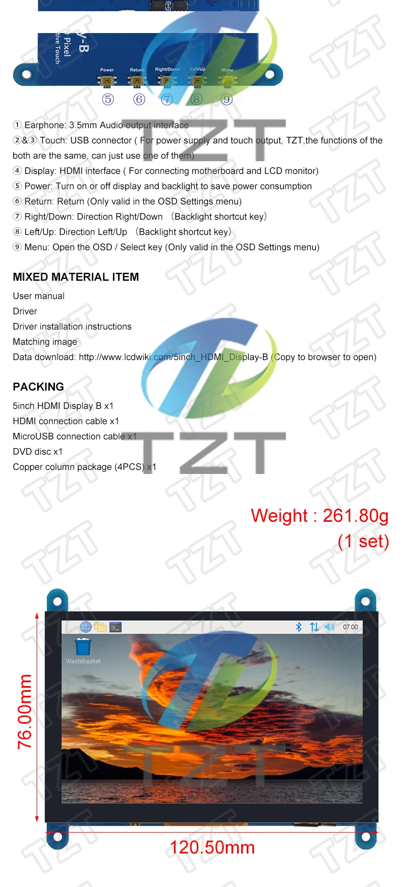 TZT 5 Zoll tragbarer Monitor HDMI 800 x 480 kapazitives Touchscreen-LCD-Display für Raspberry Pi 4 3B+/PC/Banana Pi / ESP32 – Detail 4
