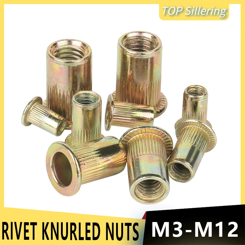 Rivnut Rivet Nutsert Rivet Knurled Nuts Cap Nut M3 M4 M5 M6 M8 M10 Carbon Steel Blind Flat Head Threaded Insert 10/20/50pc