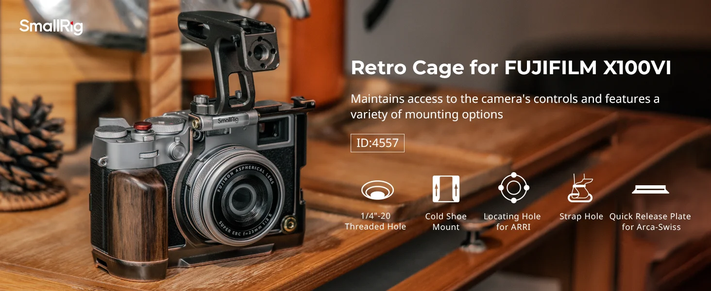 X100VI “Retro” Cage for FUJIFILM X100VI, with Wooden Handgrip, Build-in Arca-Swi
