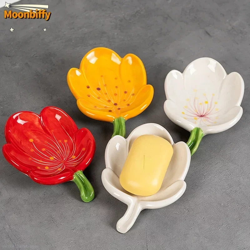 Soap-Holder-Ceramic-Flower-Shape-Soap-Box-Drain-Soap-Dish-Bathroom ...