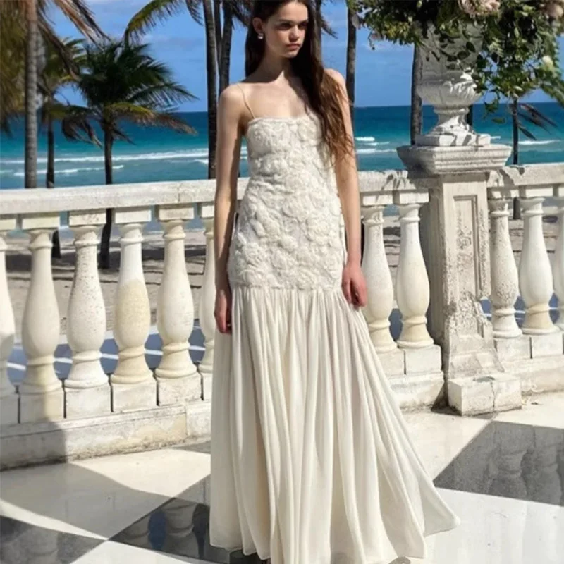 Elegant 3D Floral White Long Dress Women Patchwork Backless Pleated Party Evening Dresses Female 2025 Summer Lady A-line Robes
