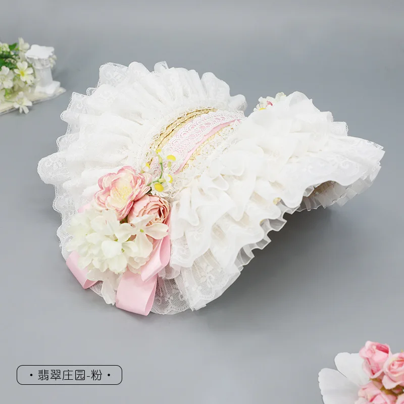 Lace Flower Ribbon Straw Hat Lolita Cosplay Hat Bonnet French for Beach Vacation