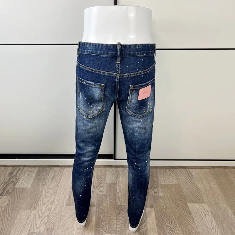 Fashion Streetwear Men Jeans Retro Blue Elastic Slim Fit Patched Ripped Jeans Men Painted Designer Hip Hop Brand Pants Hombre