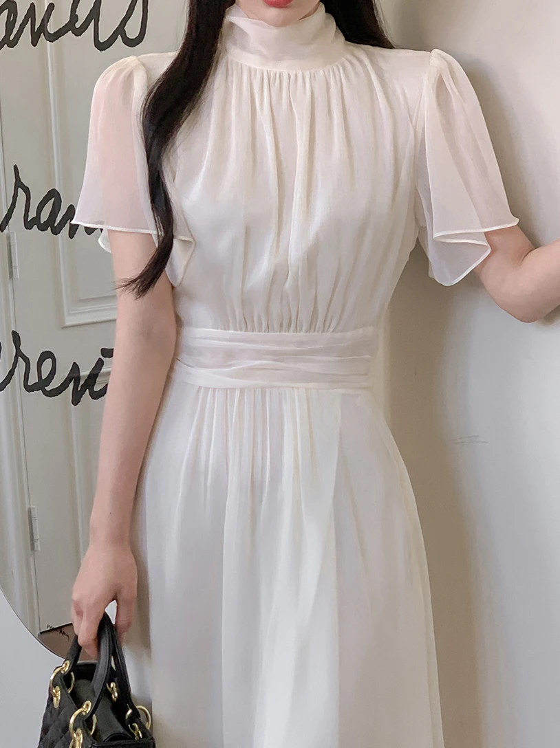 Elegant Solid Midi Dresses for Women Ruffles Half-high Collar A-line Office Lady Casual Korean Fashion Autumn Vestidos Mujer New