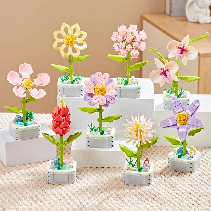 Bouquet Flowers Building Blocks Potted Plants Model Building Bricks Romantic Home Decoration Puzzle Toys For Children Girls Gift