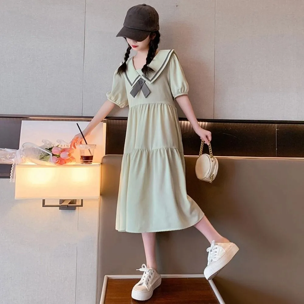 Ins Bowknot Girl Princess Dress Loose Puff Short Sleeve Teenagers Dresses Preppy Style Sweet Children Bubble Dress Kids