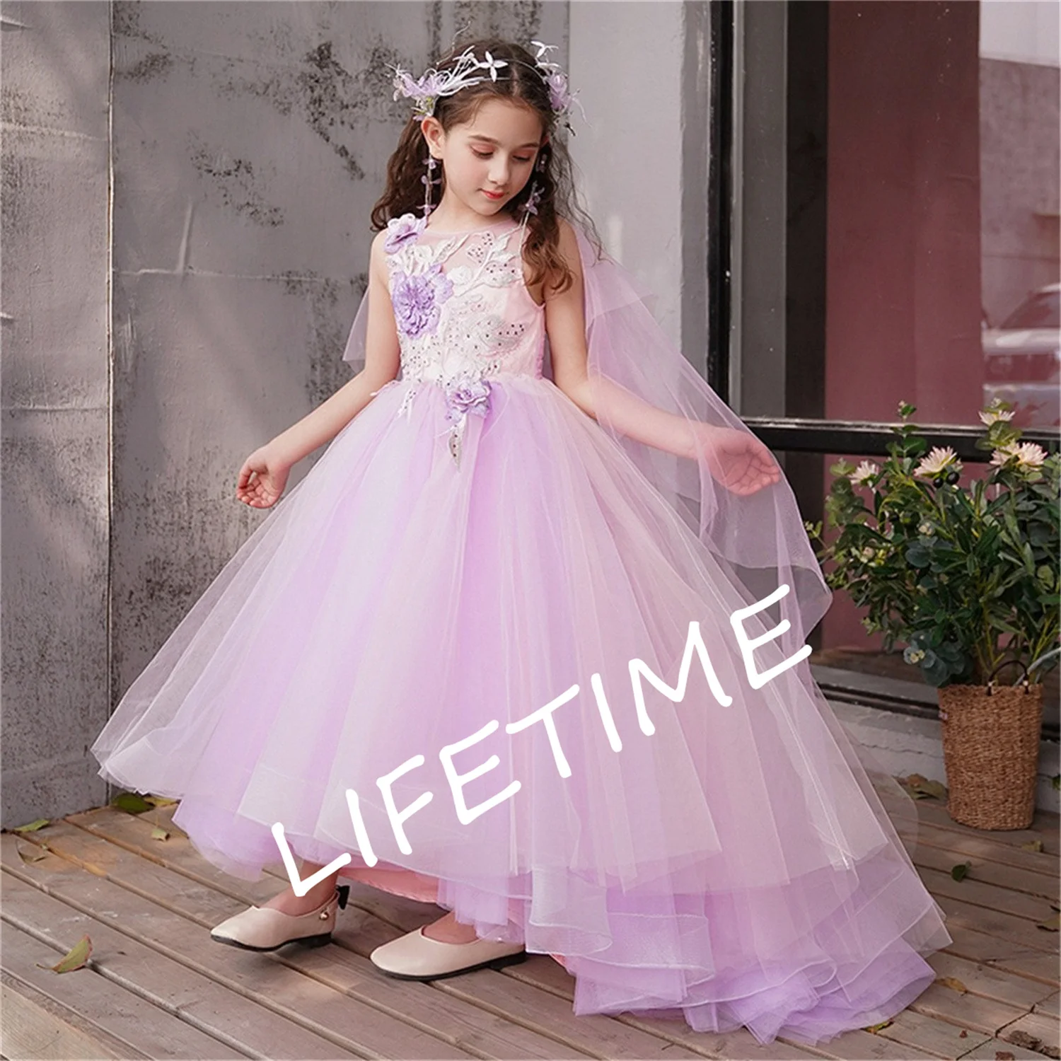 

Purple Fluffy Tulle Sleeveless Applique Flower Girl Dress Wedding Noble Flower Children's First Communion Celebration Kid Dress