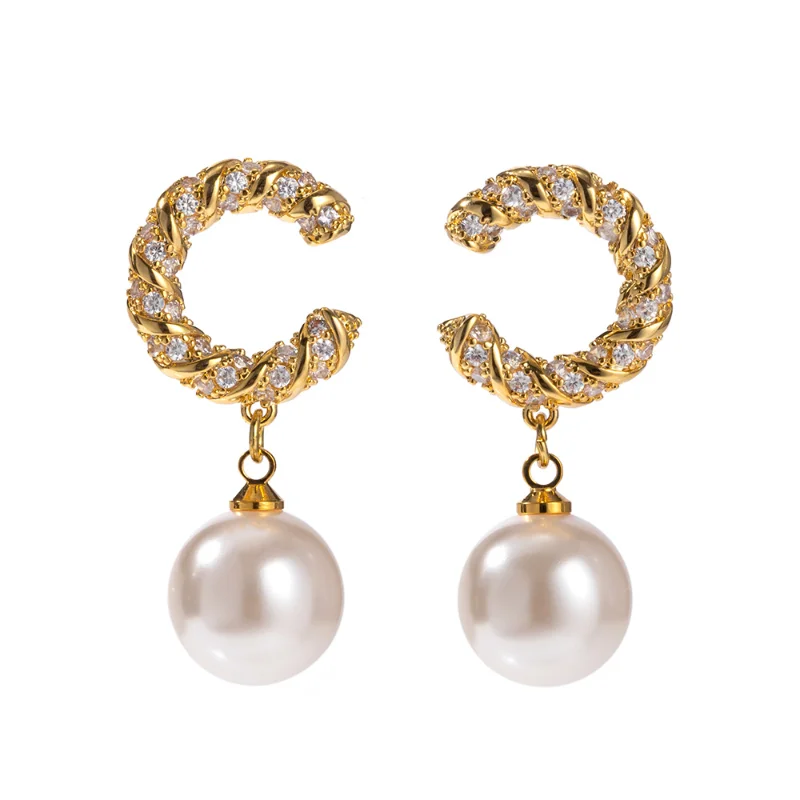 

ALLNEWME Charms 18K Real Gold Plated Brass Round Imitation Pearl CZ Cubic Zirconia C Shaped Long Drop Earrings for Women Gift