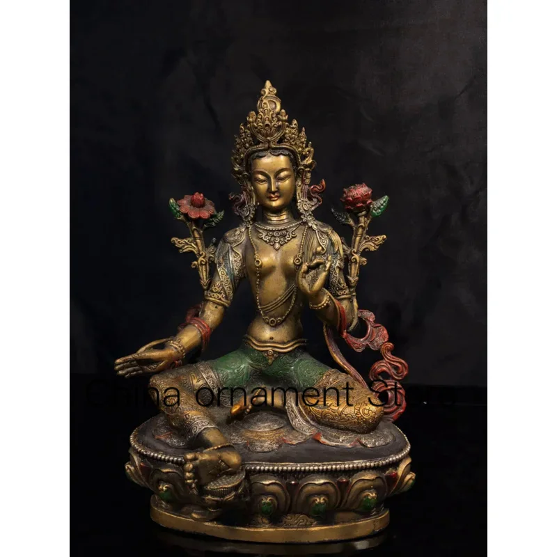 

Ancient China's refined pure copper painted green Tara Buddha with exquisite craftsmanship and thick coating