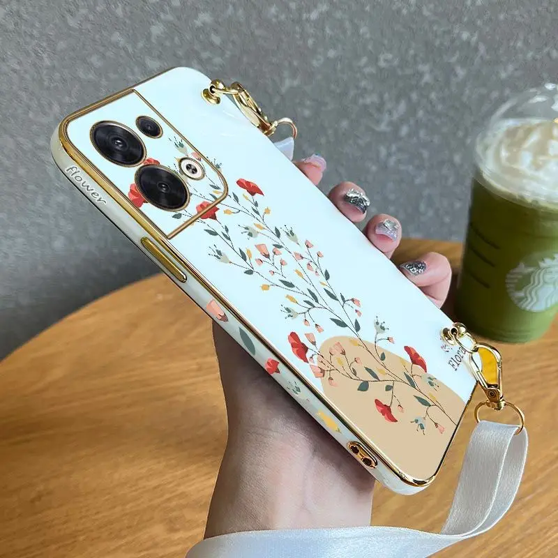 

Bright Branch Flower Lanyard Plating Phone Case For OPPO Reno 7 Lite 7 6Z 6 ProPlus 5 Lite 5F 8 8T 8 Pro 7 4 Lite 4F 3 Pro Cover