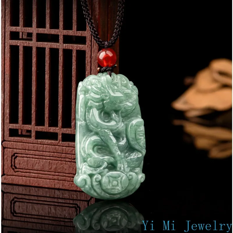 Natural A-grade Jade Pendant Bean Green Dragon Phoenix Brand Pair Set Couple Pendant Men's and Women's Jewelry Jade Necklace
