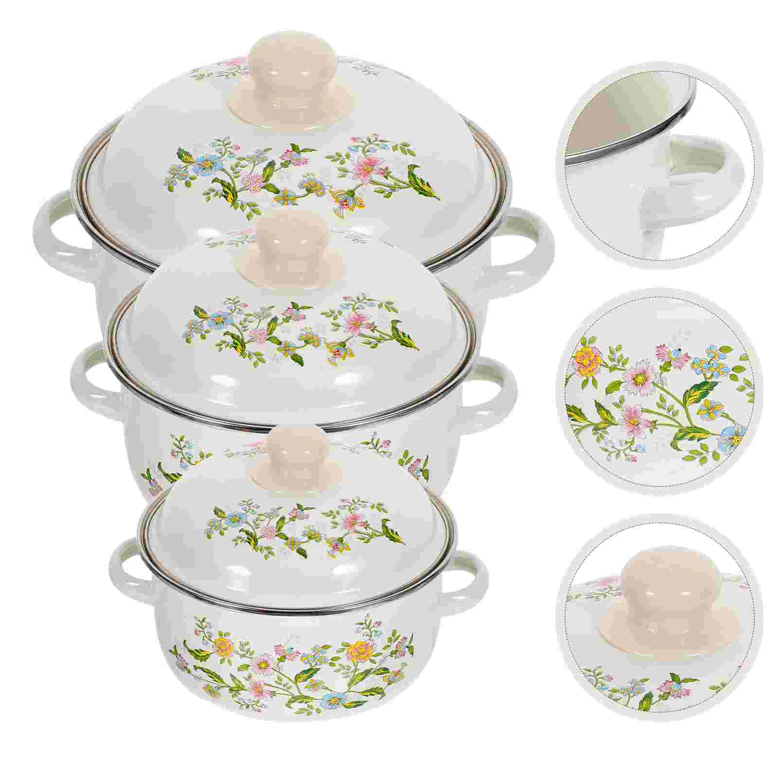

Kitchen Enamel Stockpot Lid Soup Pot Stew Pot Retro Flower Stew Bean Cooking Pot Vintage Enamel Simmer Pot Handles