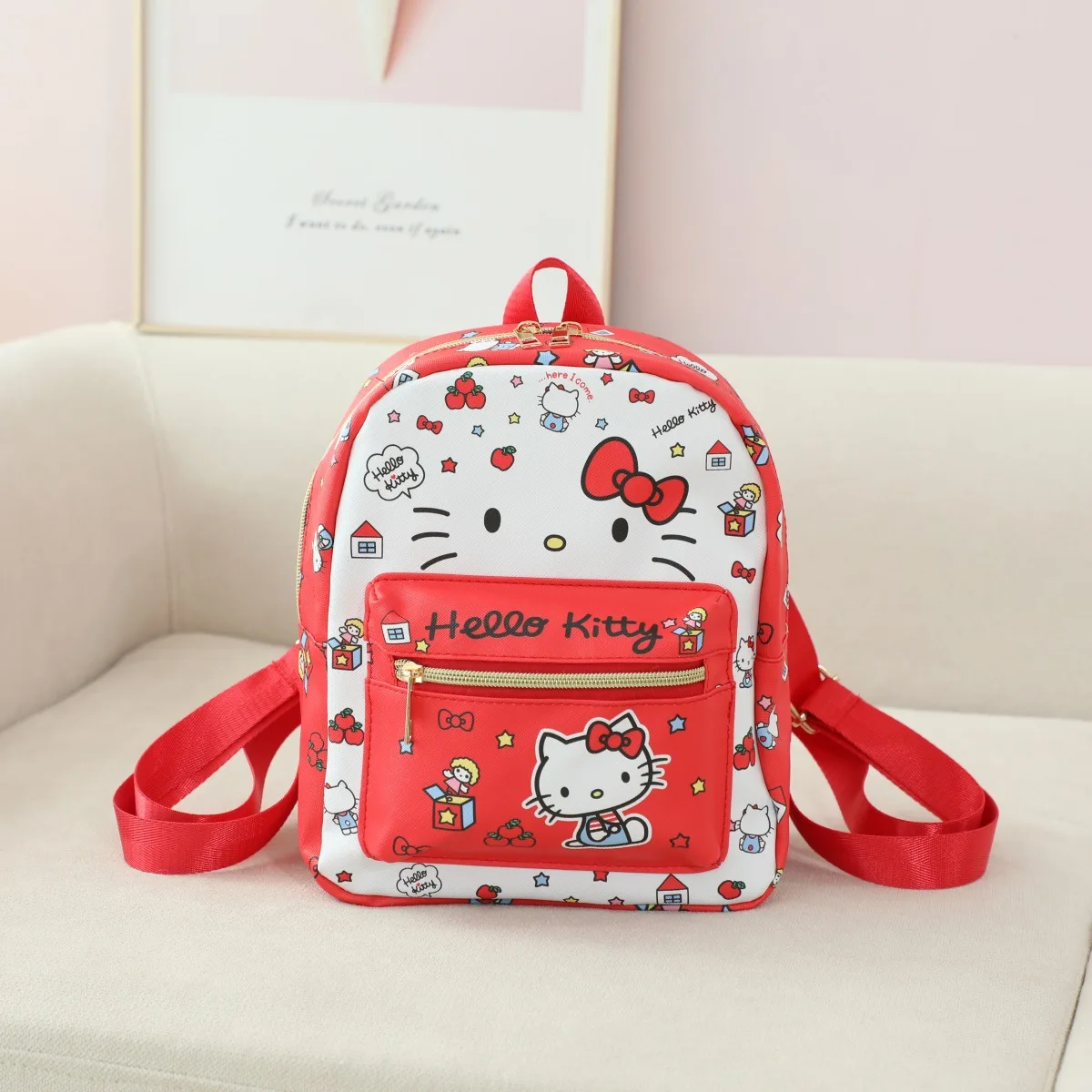 Cartoon Cute Hellos Kittys Pattern Small Backpack Casual Shopping Kuromis Cinnamorolls Leather Waterproof Zipper Backpack