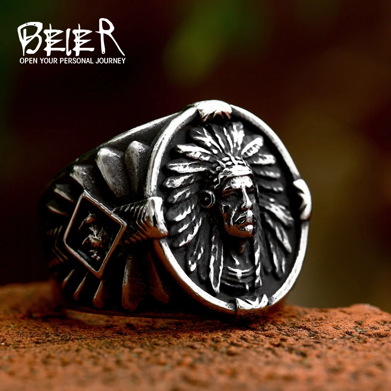 Beier Chief Stainless Steel Usa Indiana Motorcycle Rider Fashion Men'S Skull Ring Br8-231 Us Size 7-13