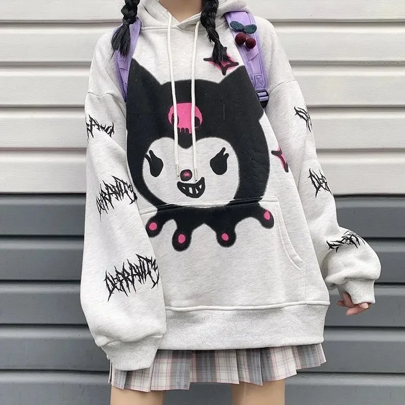 Women Cute Long Sleeve Casual Velvet Hooded Pullovers Harajuku Anime Kawaii Hoodies Japanese E Girl Streetwear Loose Sweatshirt